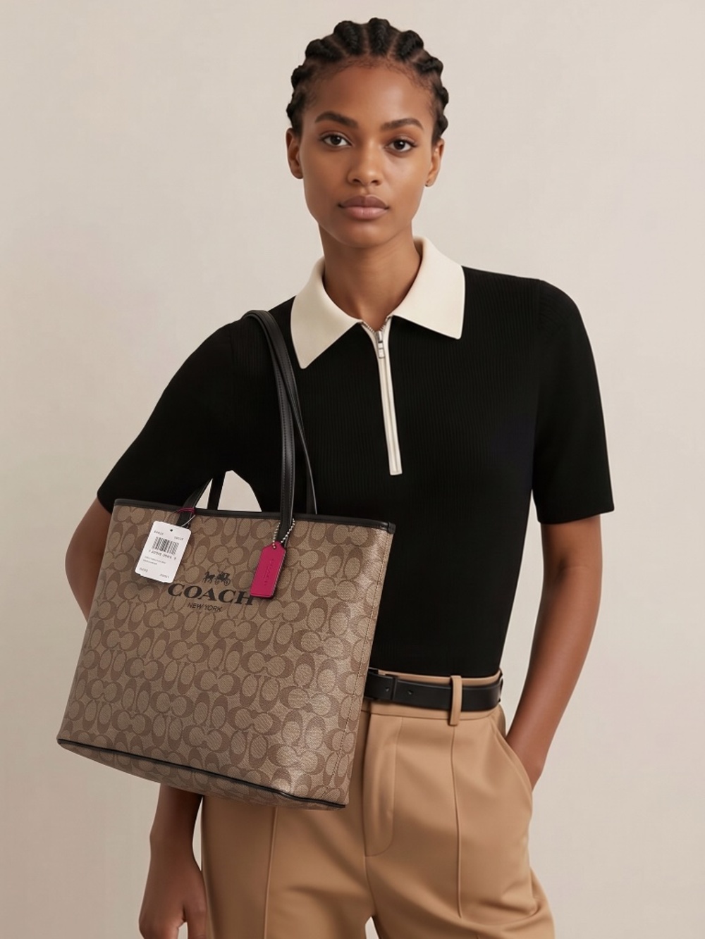 NWT Coach New York Tote Tan Brown Black & Red w/Dust Bag